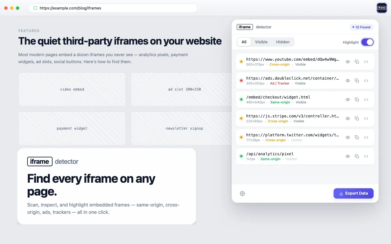 Iframe Detector inspecting a live page: highlighted frames and the inspector panel