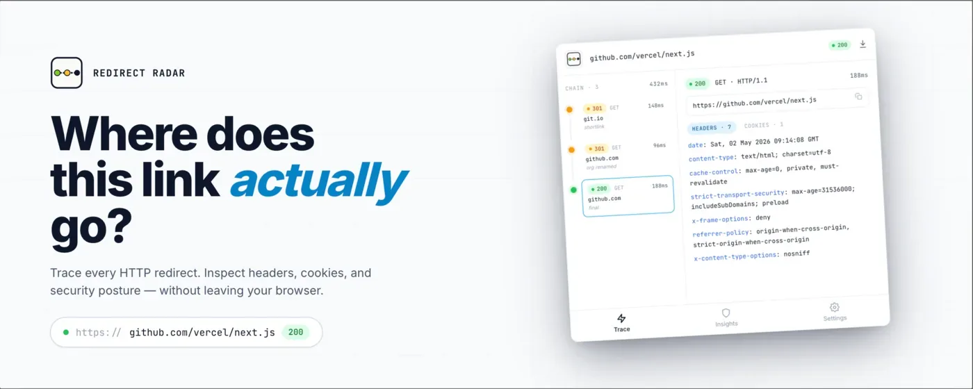 Redirect Radar marquee — a traced chain with status codes and a score panel